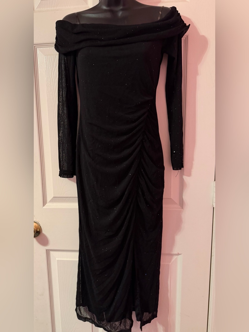 Ember Black Glitter Ruched Off Shoulder Midi Dress Long Sleeve